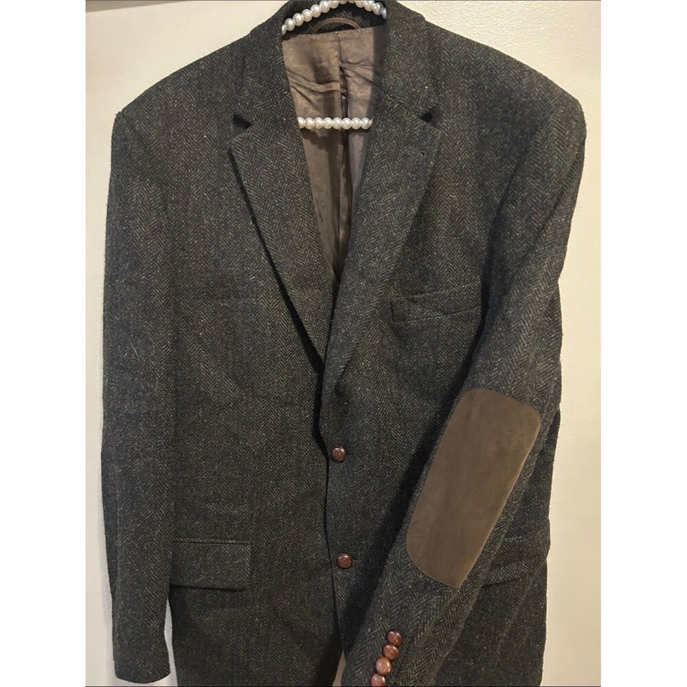 Mario Barutti Harris Tweed 100% Wool Blazer Jacket Elbow Patches Gray 46R